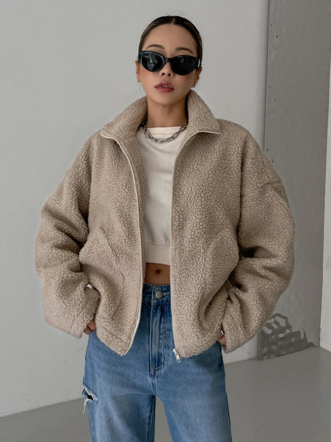 Oversized Lambswool Jacket Women’s Casual Warm Stand-Up Collar Zipper Outerwear