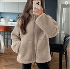 Oversized Lambswool Jacket Women’s Casual Warm Stand-Up Collar Zipper Outerwear