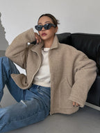 Oversized Lambswool Jacket Women’s Casual Warm Stand-Up Collar Zipper Outerwear