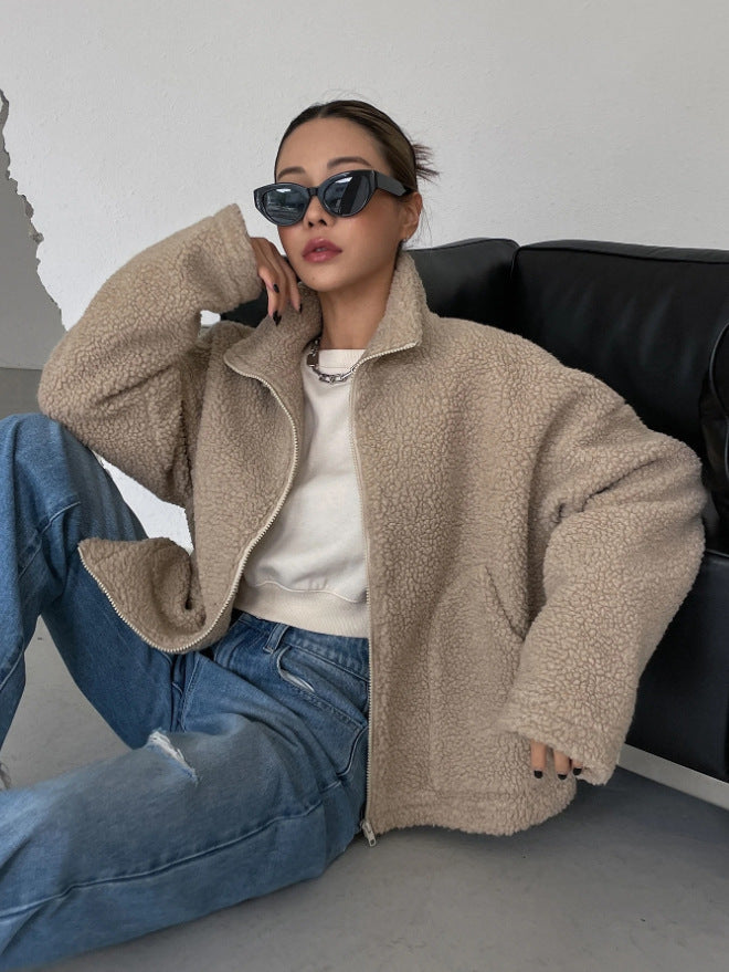 Oversized Lambswool Jacket Women’s Casual Warm Stand-Up Collar Zipper Outerwear