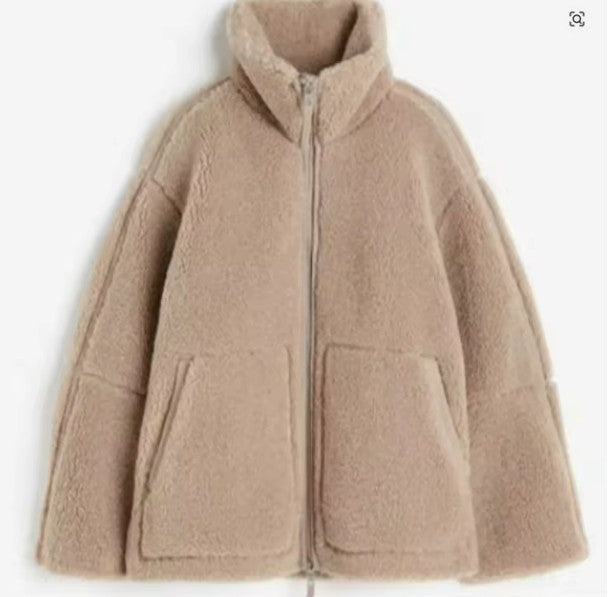 Oversized Lambswool Jacket Women’s Casual Warm Stand-Up Collar Zipper Outerwear