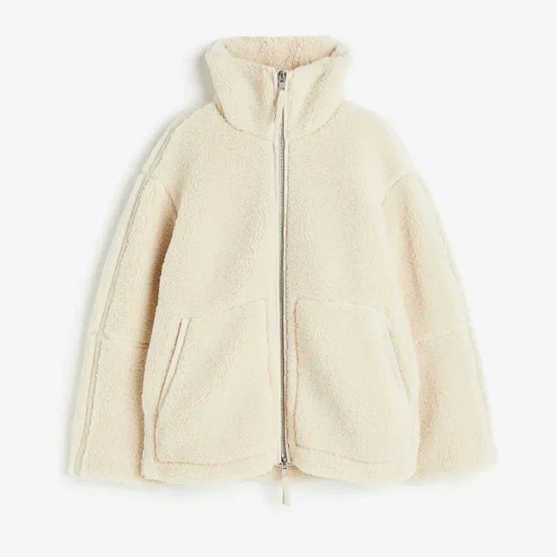 Oversized Lambswool Jacket Women’s Casual Warm Stand-Up Collar Zipper Outerwear