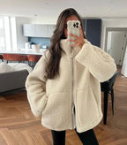 Oversized Lambswool Jacket Women’s Casual Warm Stand-Up Collar Zipper Outerwear
