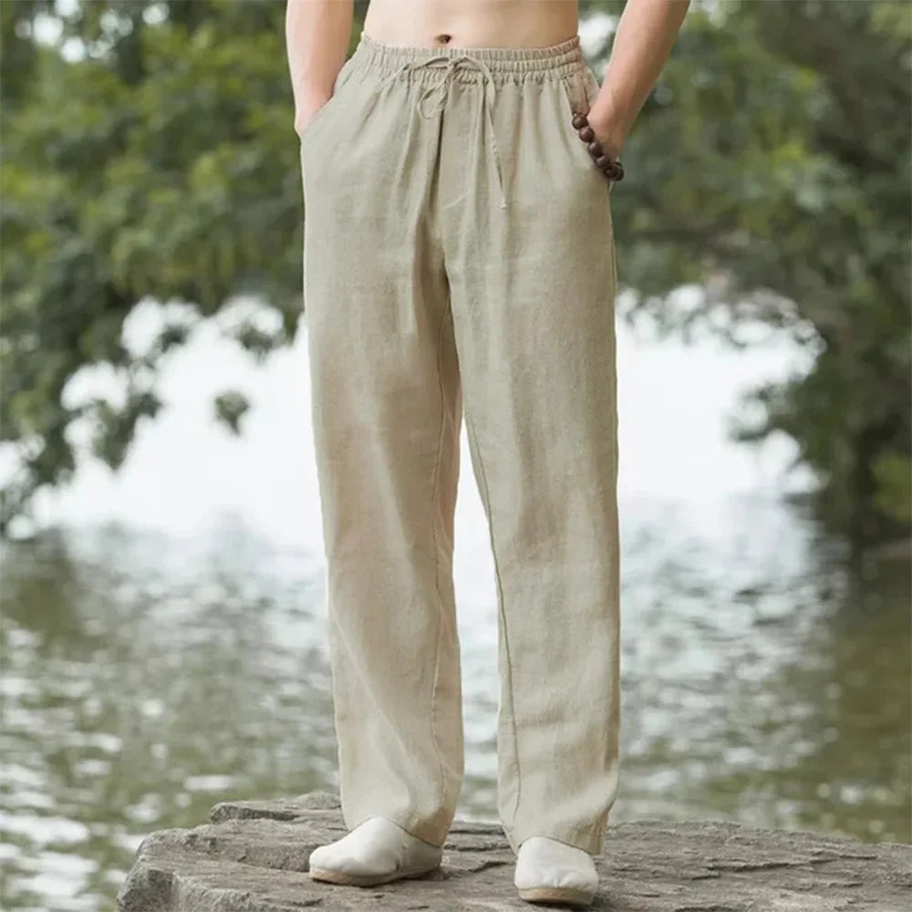 Men's Beach Pants Lightweight Polyester Relaxed Fit Drawstring Waist Casual Summer Trousers