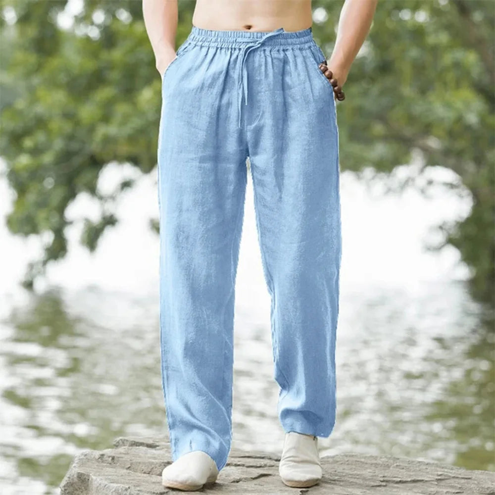 Men's Beach Pants Lightweight Polyester Relaxed Fit Drawstring Waist Casual Summer Trousers
