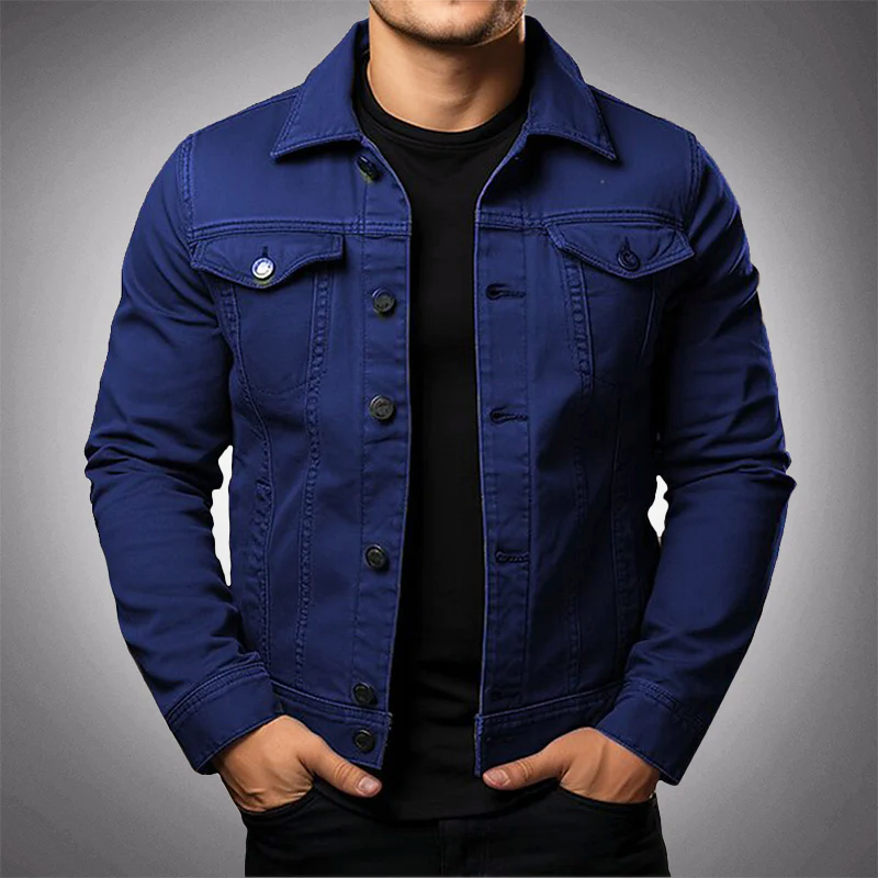 Men’s Casual Button-Front Denim Jacket Cotton Polo Collar Multiple Pockets