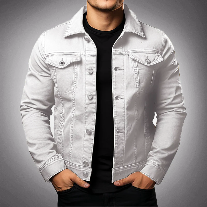 Men’s Casual Button-Front Denim Jacket Cotton Polo Collar Multiple Pockets