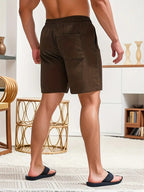 Men's Corduroy Swim Shorts with Drawstring Elastic Waistband and Pockets Fast-Drying Beachwear