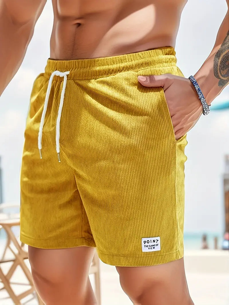 Men's Corduroy Swim Shorts with Drawstring Elastic Waistband and Pockets Fast-Drying Beachwear