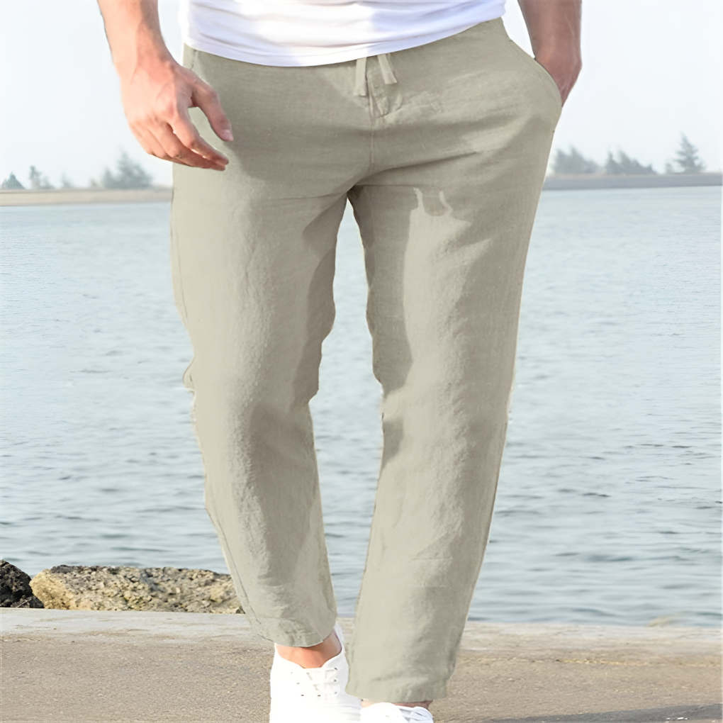 Men's Linen Blend Drawstring Trousers Breathable Lightweight Summer Casual Pants