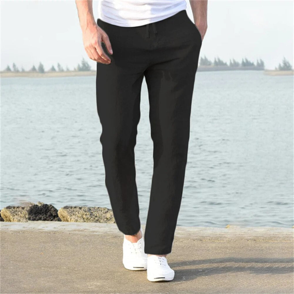 Men's Linen Blend Drawstring Trousers Breathable Lightweight Summer Casual Pants