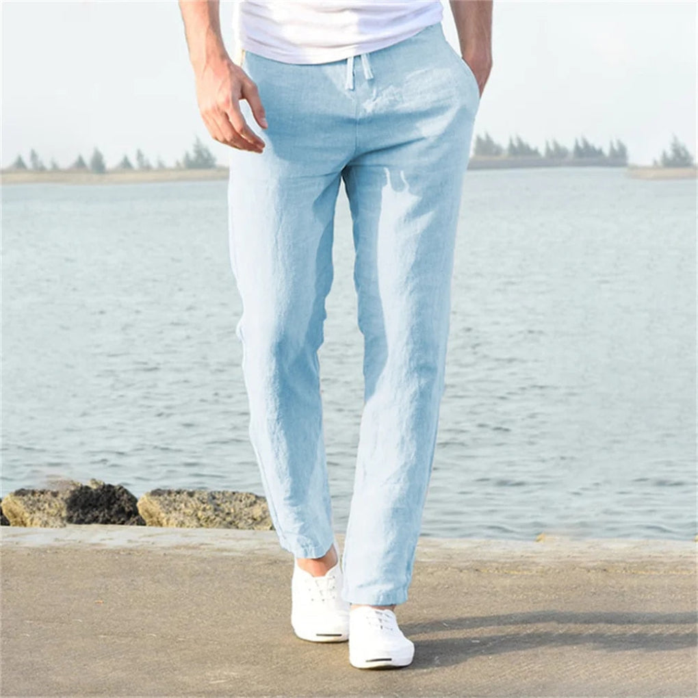 Men's Linen Blend Drawstring Trousers Breathable Lightweight Summer Casual Pants