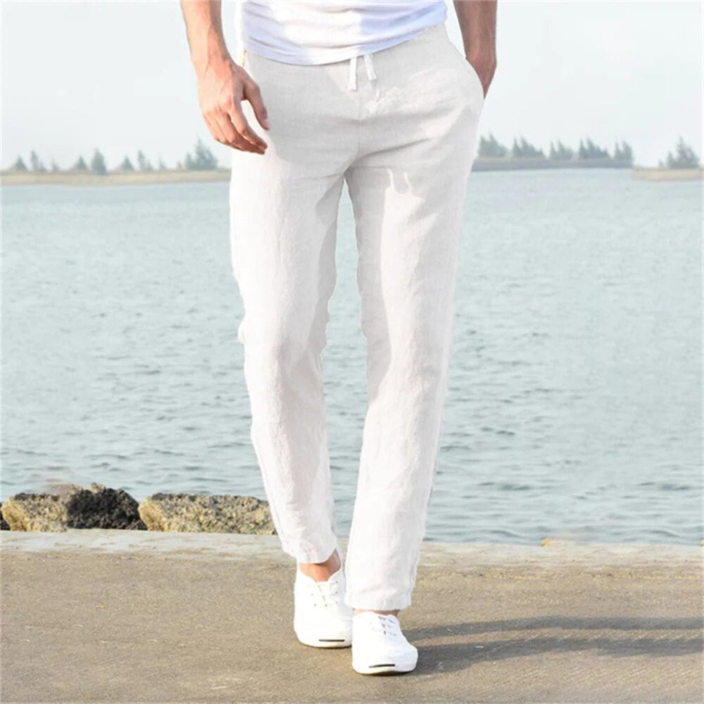 Men's Linen Blend Drawstring Trousers Breathable Lightweight Summer Casual Pants