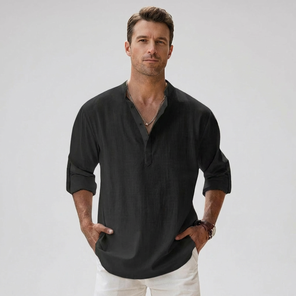 Men's Linen Blend Henley Shirt Lightweight Breathable Summer Casual Shirt
