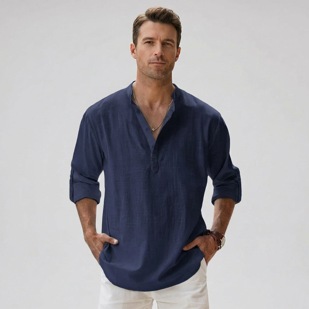 Men's Linen Blend Henley Shirt Lightweight Breathable Summer Casual Shirt