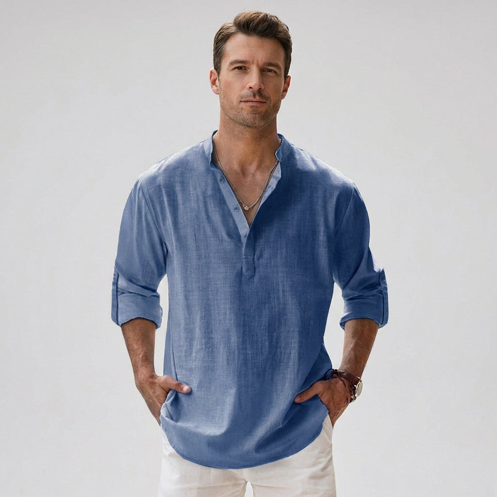 Men's Linen Blend Henley Shirt Lightweight Breathable Summer Casual Shirt