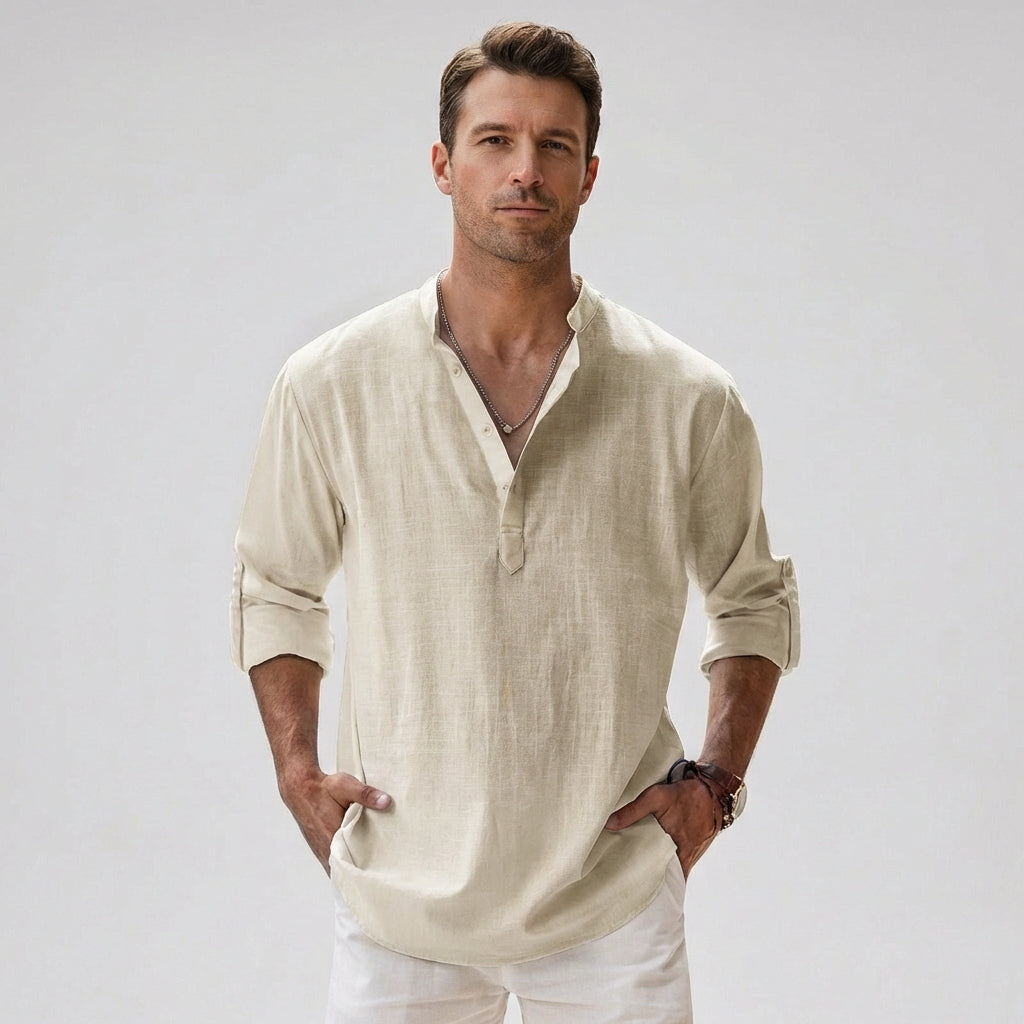 Men's Linen Blend Henley Shirt Lightweight Breathable Summer Casual Shirt