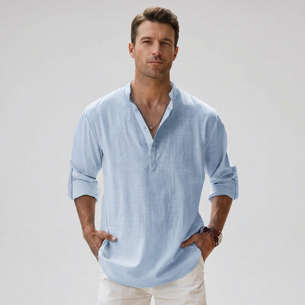 Men's Linen Blend Henley Shirt Lightweight Breathable Summer Casual Shirt