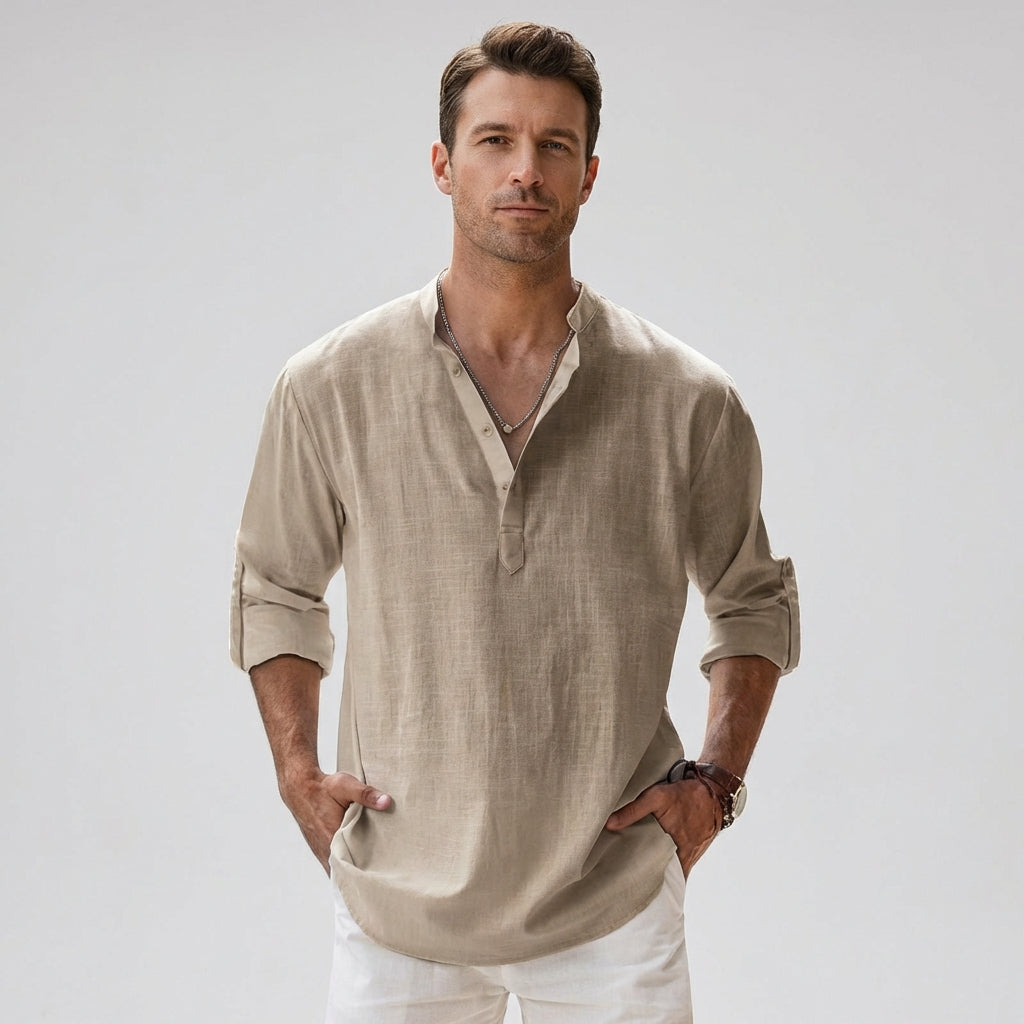 Men's Linen Blend Henley Shirt Lightweight Breathable Summer Casual Shirt