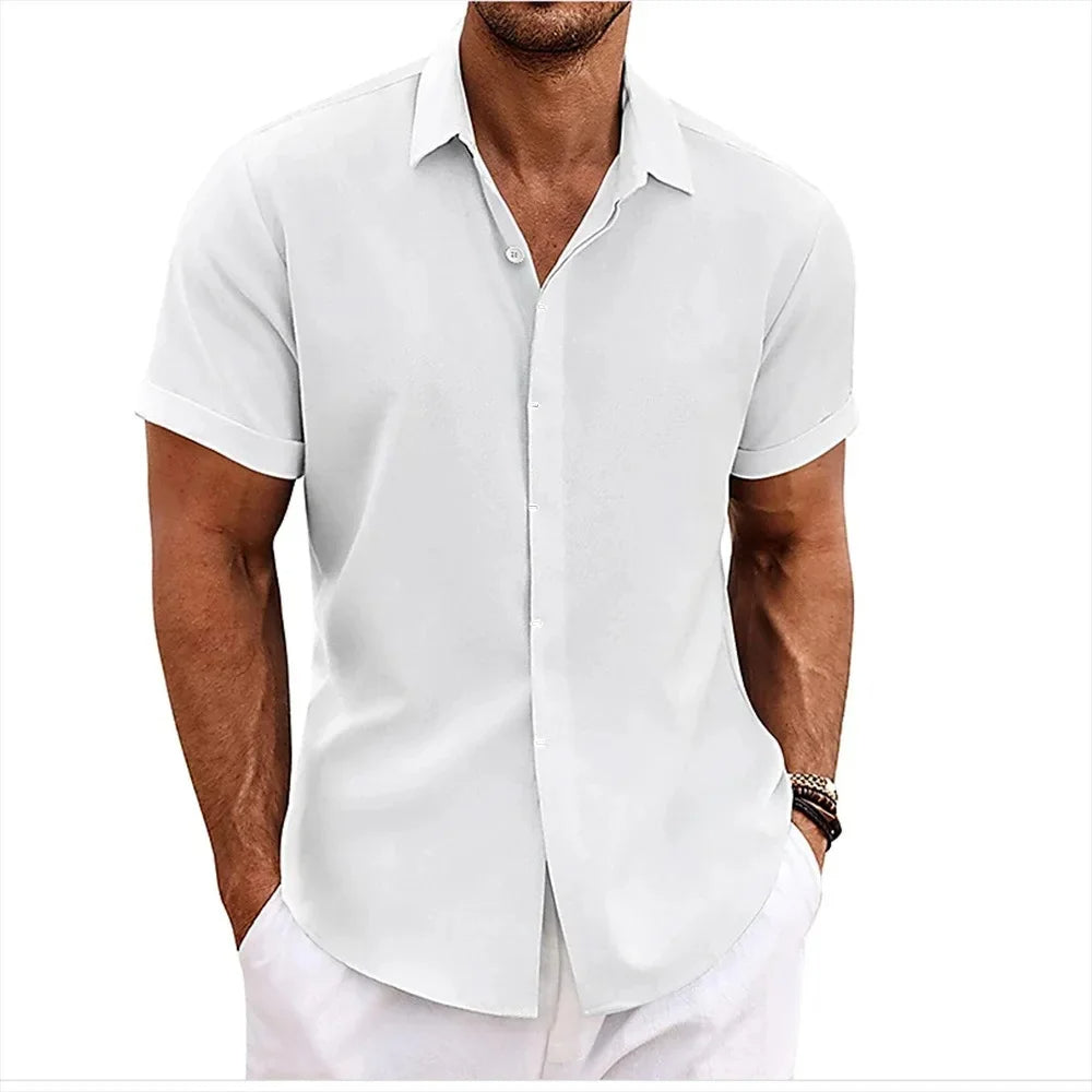 Breathable Cotton Linen Blend Short Sleeve Button-Up Shirt Lightweight Summer Shirt