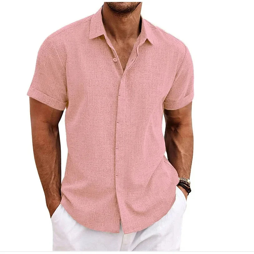 Breathable Cotton Linen Blend Short Sleeve Button-Up Shirt Lightweight Summer Shirt