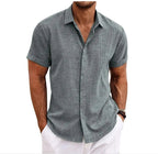 Breathable Cotton Linen Blend Short Sleeve Button-Up Shirt Lightweight Summer Shirt