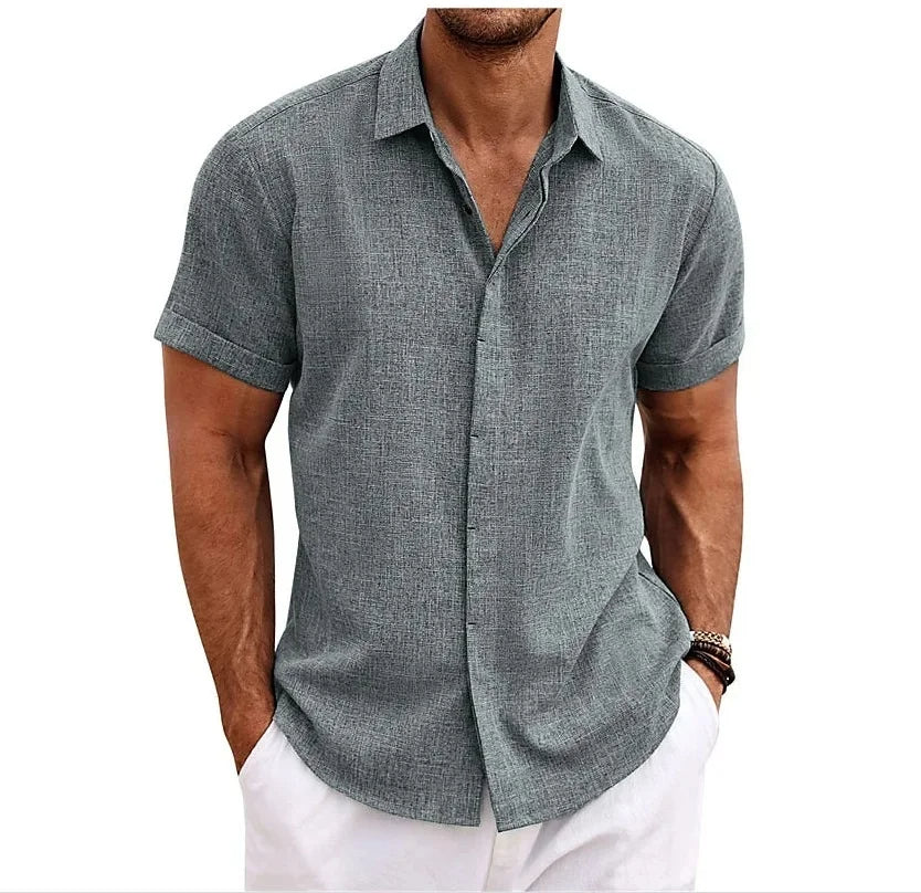 Breathable Cotton Linen Blend Short Sleeve Button-Up Shirt Lightweight Summer Shirt