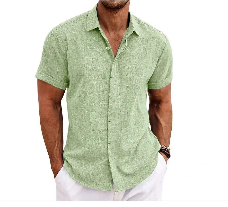 Breathable Cotton Linen Blend Short Sleeve Button-Up Shirt Lightweight Summer Shirt