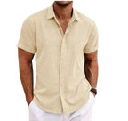 Breathable Cotton Linen Blend Short Sleeve Button-Up Shirt Lightweight Summer Shirt