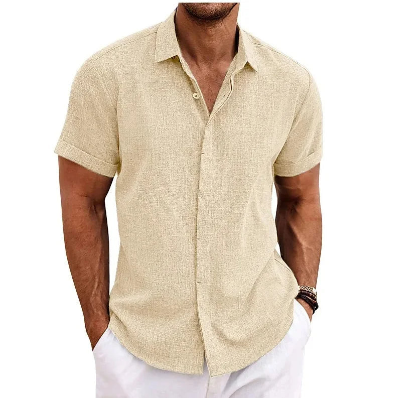 Breathable Cotton Linen Blend Short Sleeve Button-Up Shirt Lightweight Summer Shirt
