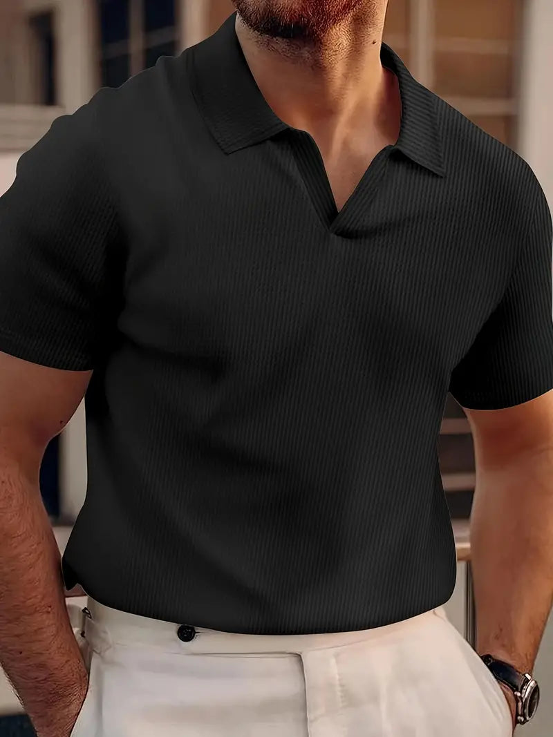 Men's Textured Knit Short Sleeve Polo Shirt Lightweight Relaxed Fit Casual Shirt