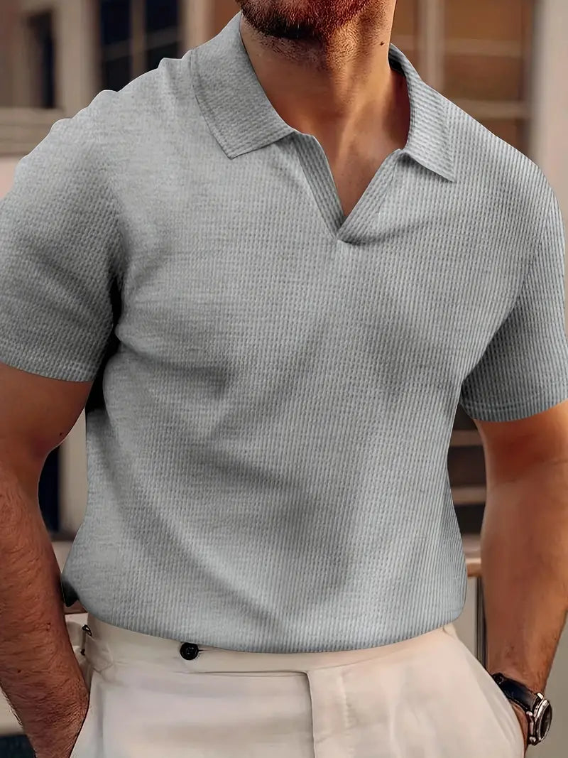 Men's Textured Knit Short Sleeve Polo Shirt Lightweight Relaxed Fit Casual Shirt