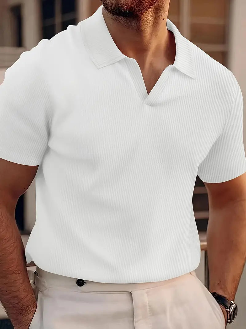 Men's Textured Knit Short Sleeve Polo Shirt Lightweight Relaxed Fit Casual Shirt