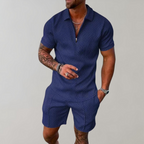 Men’s Textured Zip Polo Shirt and Shorts Set Lightweight Breathable Summer Outfit