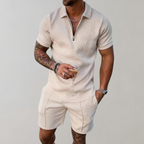 Men’s Textured Zip Polo Shirt and Shorts Set Lightweight Breathable Summer Outfit