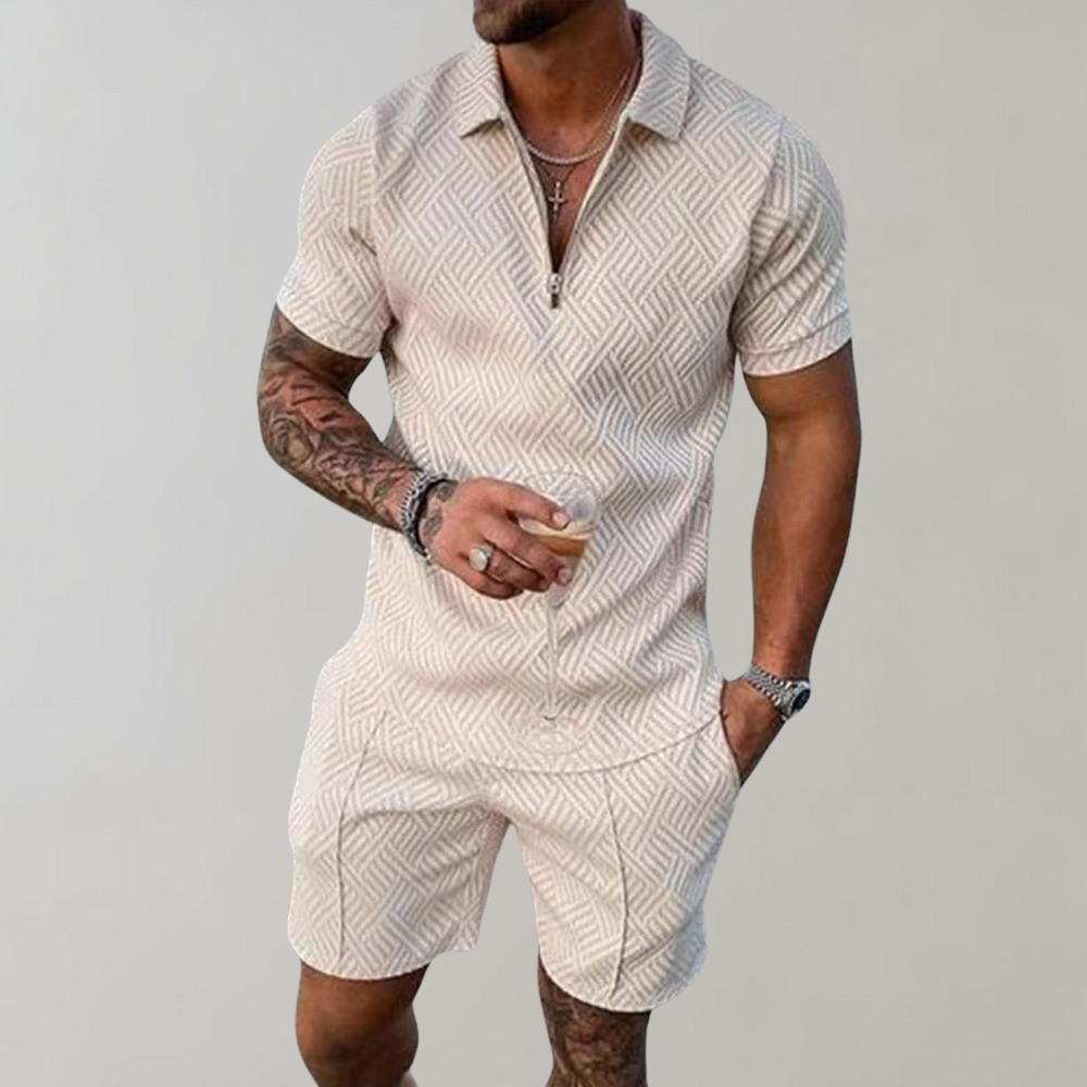 Men’s Textured Zip Polo Shirt and Shorts Set Lightweight Breathable Summer Outfit
