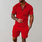 Men’s Textured Zip Polo Shirt and Shorts Set Lightweight Breathable Summer Outfit