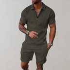 Men’s Textured Zip Polo Shirt and Shorts Set Lightweight Breathable Summer Outfit