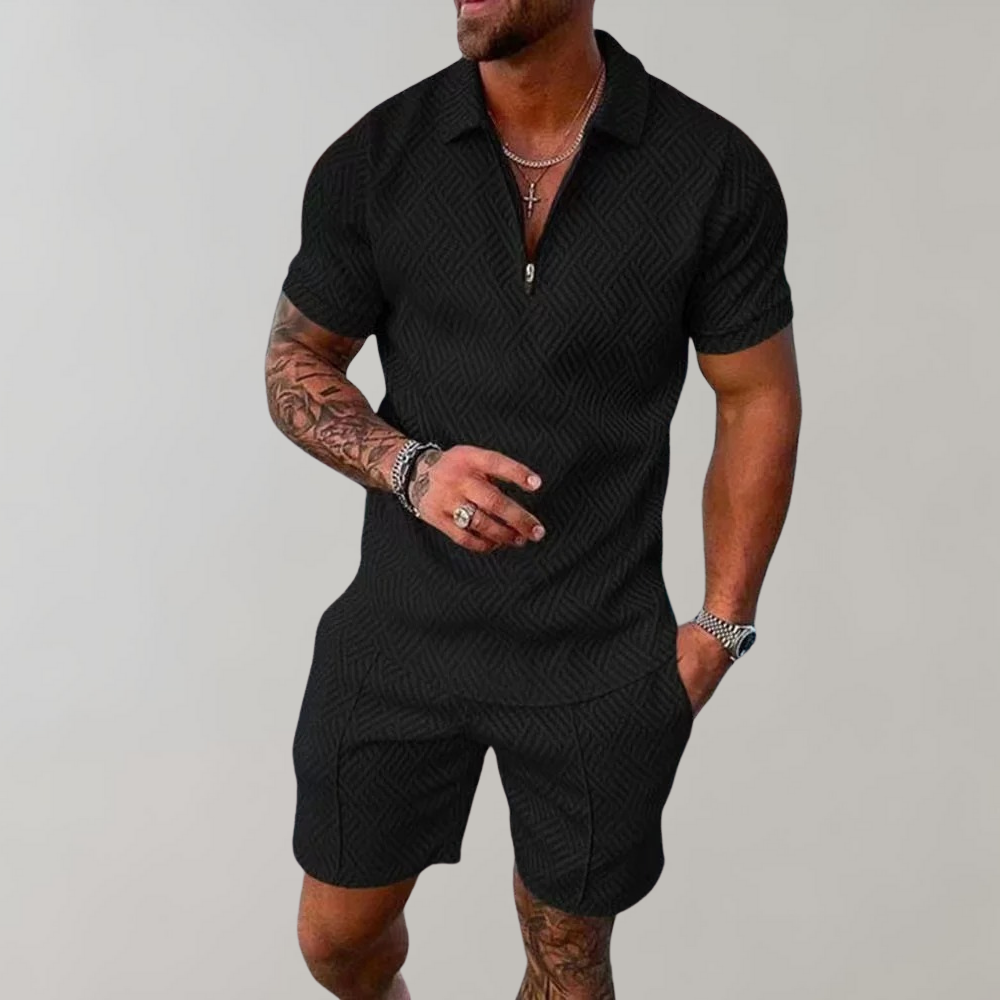 Men’s Textured Zip Polo Shirt and Shorts Set Lightweight Breathable Summer Outfit
