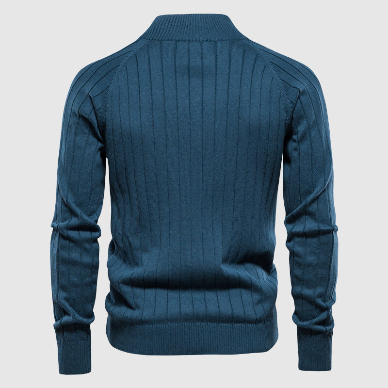 Men's Cotton Blend Zip-Up Knit Sweater Cardigan with Stand Collar and Ribbed Cuffs