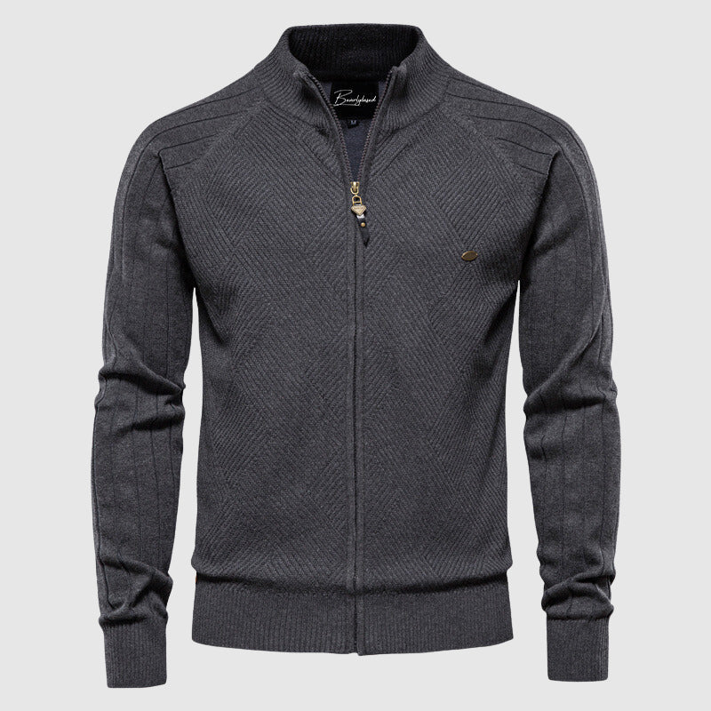 Men's Cotton Blend Zip-Up Knit Sweater Cardigan with Stand Collar and Ribbed Cuffs