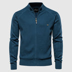 Men's Cotton Blend Zip-Up Knit Sweater Cardigan with Stand Collar and Ribbed Cuffs