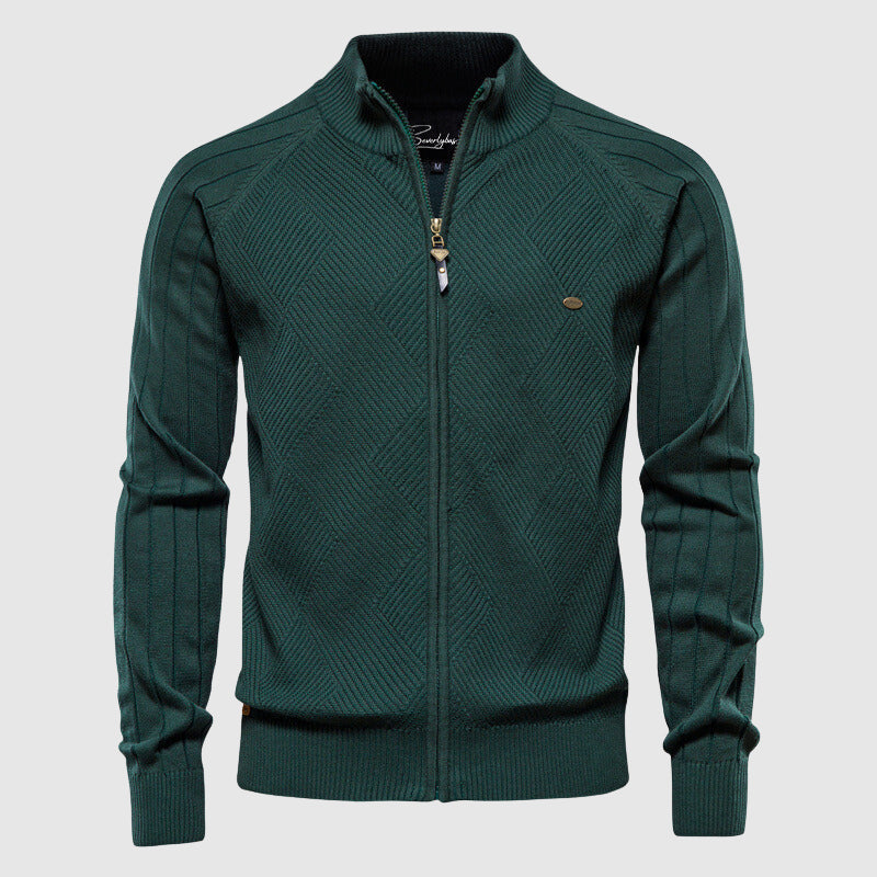 Men's Cotton Blend Zip-Up Knit Sweater Cardigan with Stand Collar and Ribbed Cuffs