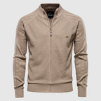 Men's Cotton Blend Zip-Up Knit Sweater Cardigan with Stand Collar and Ribbed Cuffs