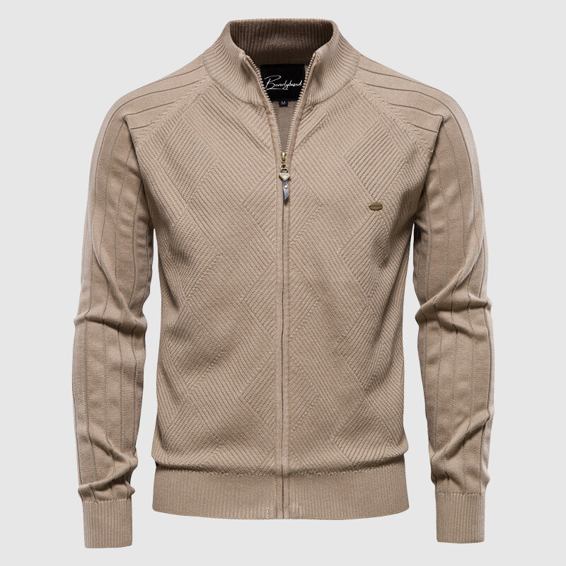 Men's Cotton Blend Zip-Up Knit Sweater Cardigan with Stand Collar and Ribbed Cuffs