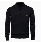 Men's Cotton Blend Zip-Up Knit Sweater Cardigan with Stand Collar and Ribbed Cuffs