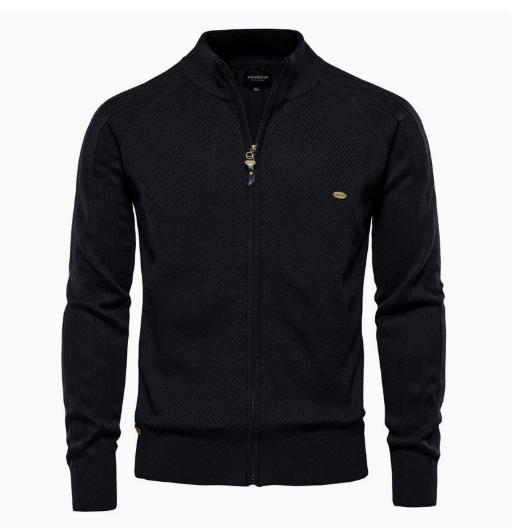 Men's Cotton Blend Zip-Up Knit Sweater Cardigan with Stand Collar and Ribbed Cuffs