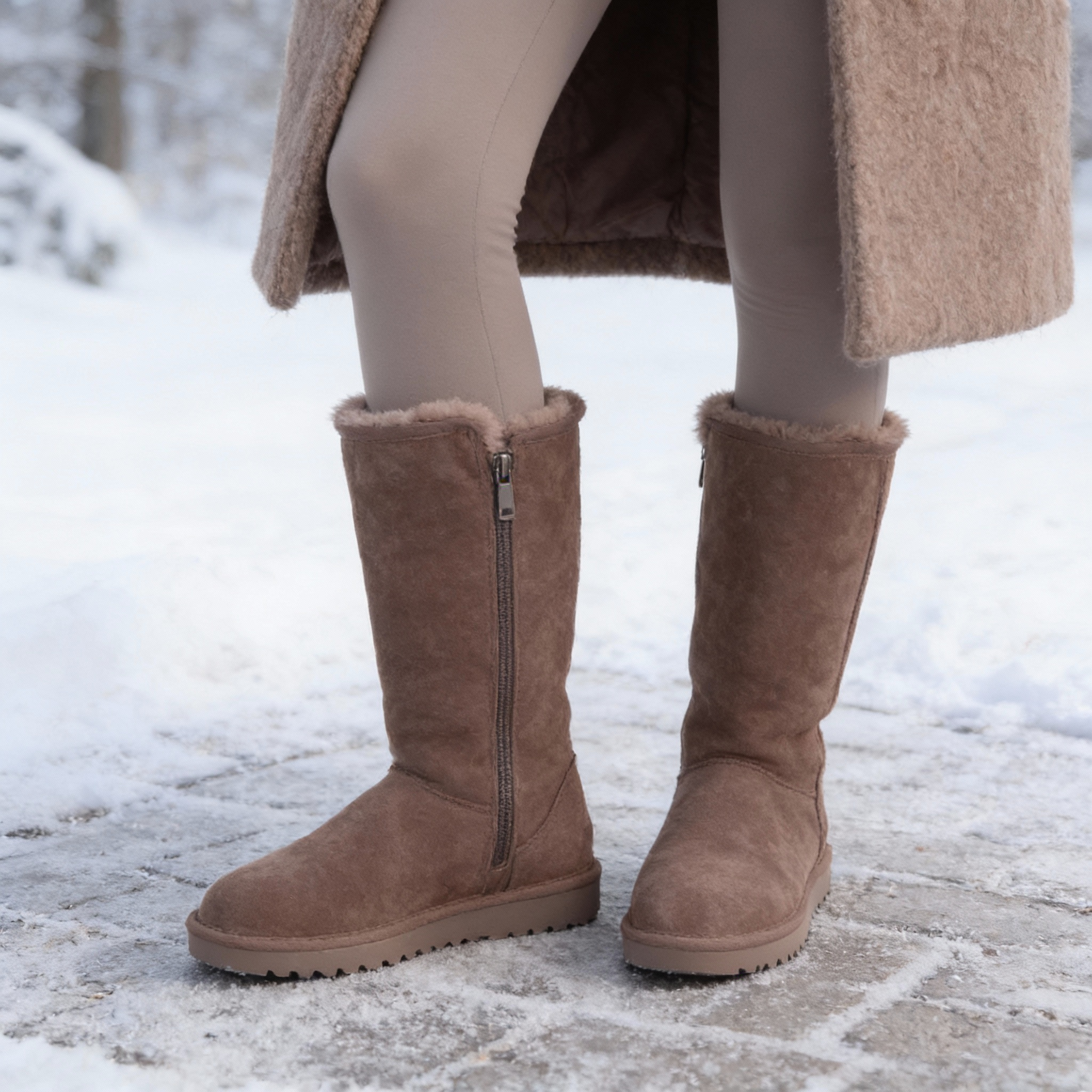 Warm Waterproof Suede Sheepskin Boots with Side Zipper for Women Winter Outdoor