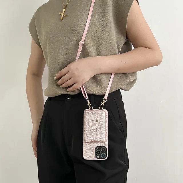 Leather Phone Case with Card Holder and Key Lanyard Adjustable Shoulder Strap Durable Everyday Carry