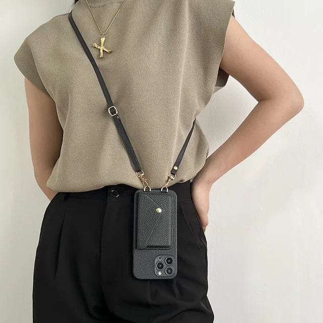 Leather Phone Case with Card Holder and Key Lanyard Adjustable Shoulder Strap Durable Everyday Carry